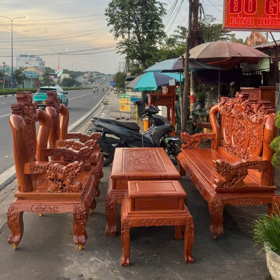 Salon Nghê Bảo Đỉnh Gỗ Hương Đá Khung 4P Mặt Ván 2P (Bộ 6 món)